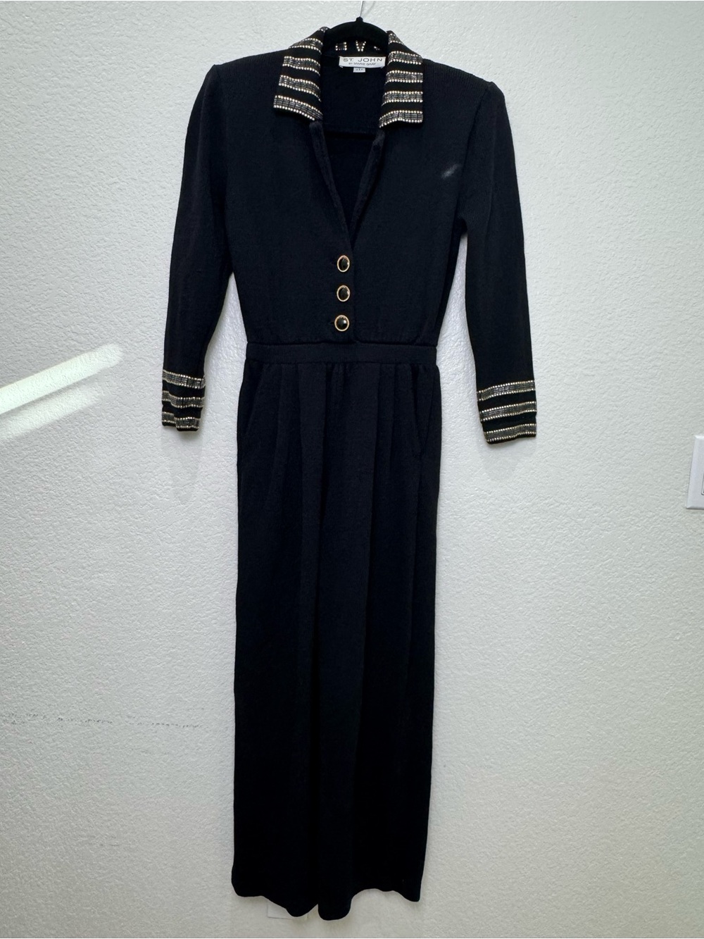 Vintage St John Marie Gray Jumpsuit Womens 2 Black Santana Knit Gold Beaded USA - Picture 2 of 16
